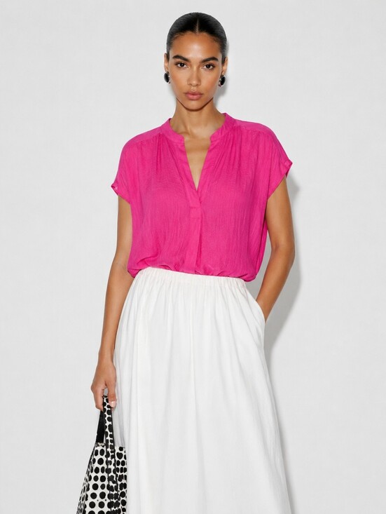 Rachel Zoe Tops - RACHEL ZOE Hot Pink Blouse, Silk Look Split Neck Top. Cap Sleeves